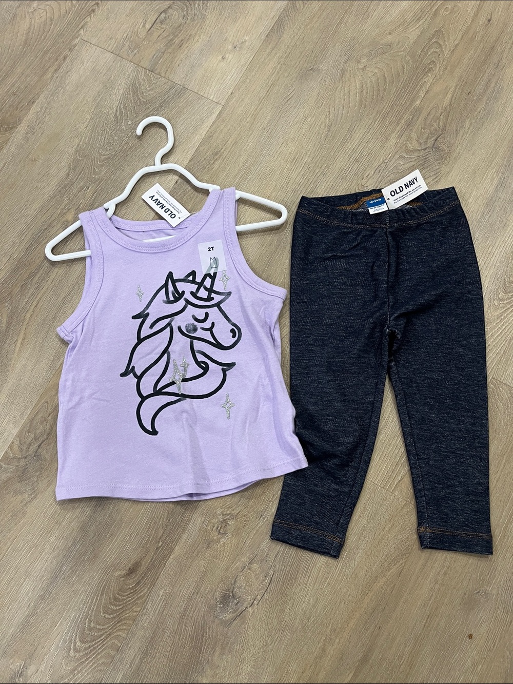 Old Navy Lilac Tank with Black Unicorn Graphic and Dark Heather Leggings